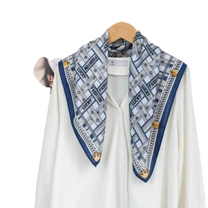 Blue and white plaid silk scarf with Lucky print on a white shirt and wood hanger