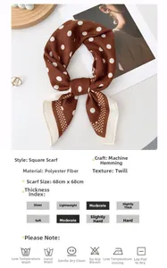 Detailed specs of the 68x68cm brown polka dot silk scarf with twill texture and machine hem