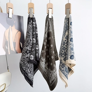 Black paisley and vintage floral square scarves in cotton-linen blend for women