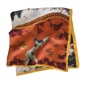Elegant velvet square scarf featuring flying cranes, plum blossoms and oriental clouds
