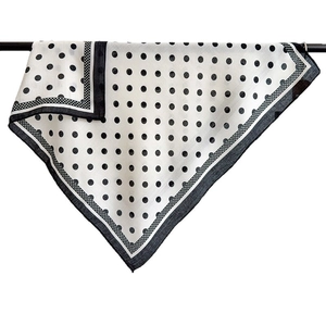 Polka dot silk wool square scarf with black borders on white background for women