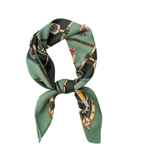 Elegant retro silk-feel square scarf with gray-green chain patterns and stylish knot design