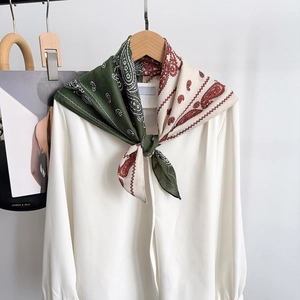 Dettaglio della sciarpa in seta paisley annodata su un colletto di camicia bianca