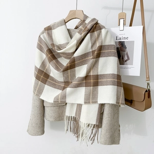 Pink plaid winter scarf for women featuring a classic check pattern with tassel trim