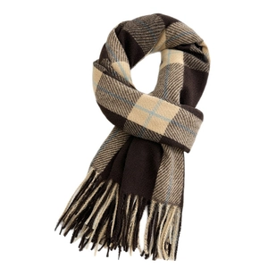 Classic pink and brown plaid cashmere scarf with soft tassels for winter warmth