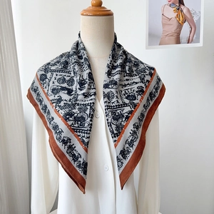 Retro horse carriage pattern square scarf in grey and navy silk-feel fabric