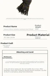 Detailed size and material specification chart for the checkered tassel cashmere-like scarf