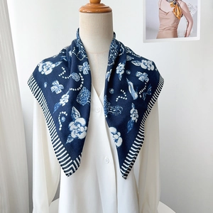 French style herringbone silk square scarf with navy blue floral print and white border