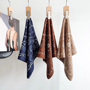 Three-piece set of French vintage paisley cotton square scarves in navy, brown and beige