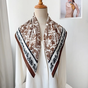 Elegant vintage carriage print square scarf in retro brown and cream silk texture