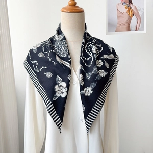 Elegant herringbone silk neckerchief with floral pearl pattern for women on white shirt