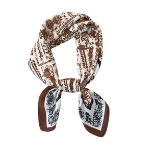 Elegant vintage carriage print silk scarf in white with brown borders and horse pattern