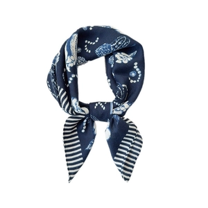 Elegant navy blue French silk scarf with white floral patterns and satin finish
