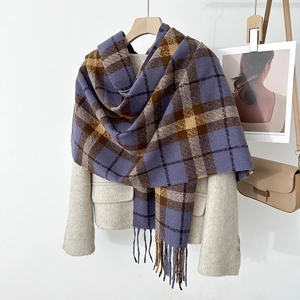 Classic blue and brown checkered cashmere-feel scarf with tassels for winter fashion