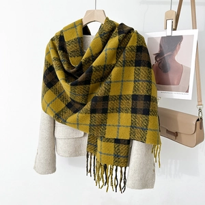 Chic plaid cashmere-like winter scarf with warm ginger and coffee tones and fringes