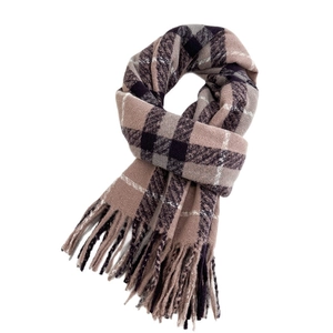 Classic khaki plaid cashmere scarf with fringes and elegant British style pattern