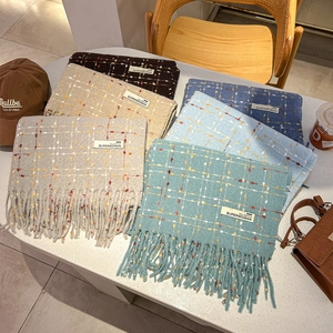 Soft plaid scarf with tassels and letter patch in multiple warm colors for autumn winter