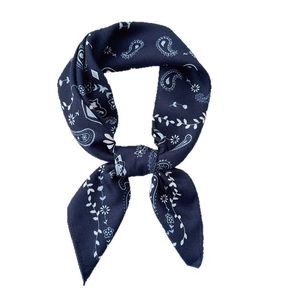 Navy blue paisley satin square scarf tied in a bow knot for hair and neck styling