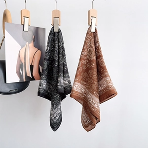 Retro paisley cotton-linen blend square scarf in black and warm brown colors