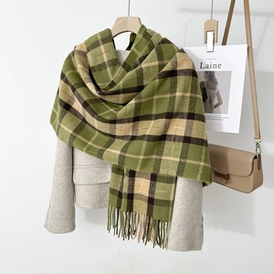 British style green plaid winter scarf with tassels and thick cashmere-like texture