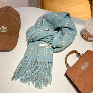 Close-up of light blue plaid scarf featuring fine tassels and top fashion woven label