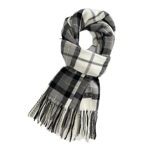 Classic British plaid scarf in grey and white cashmere-like fabric with elegant fringes