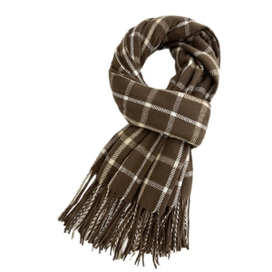 Classic coffee plaid thick winter scarf with handmade fringes and warm cashmere texture