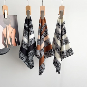 Vintage herringbone linen scarves with elegant lace print in black, brown, and white