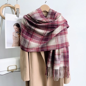 Classic red and white checkered scarf with fringe on camel wool coat for winter fashion