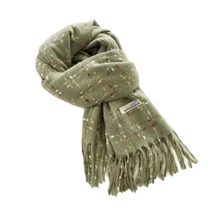 Soft checkered grass green scarf with fringe and vintage woven label for autumn winter