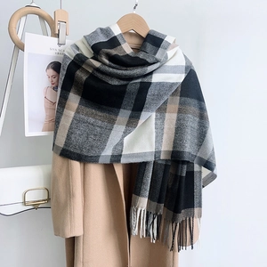 Classic blue and grey plaid scarf with tassels on camel wool coat with magazines
