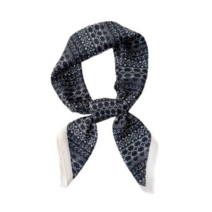 Elegant navy blue herringbone square silk scarf with white floral patterns and border