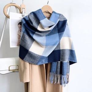 Gros plan sur l'écharpe à carreaux bleu et blanc avec franges sur un manteau