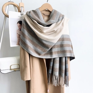 Détail d'une écharpe épaisse à rayures avec franges assortie à un manteau en laine