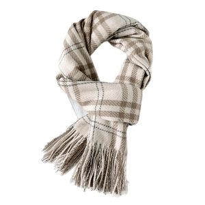 Classic beige and white plaid cashmere-like scarf with fringe for autumn and winter