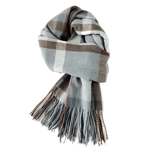 Classic British plaid scarf in grey and brown tones with fringe edges for winter