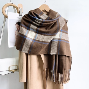 Classic brown plaid scarf with blue and beige stripes and fringe tassels for winter warmth