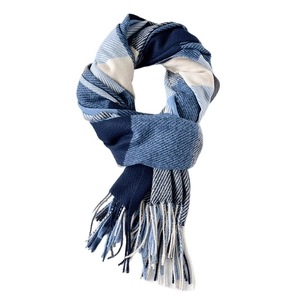 Écharpe à carreaux bleu et blanc en similicashmere avec franges pour l'automne et l'hiver