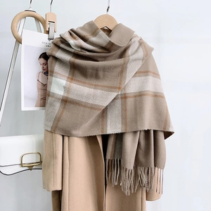 Checkered plaid tassel scarf in beige and brown tones with soft cashmere feel