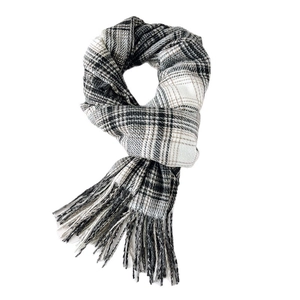 Plaid cashmere scarf with classic grey patterns and fringe trim for winter warmth
