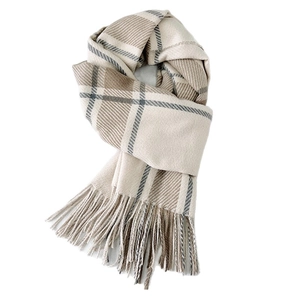 Beige plaid scarf for women with tassels made of warm cashmere-like fabric