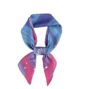 Blue and pink gradient silk scarf with polka dots and D letter logo on white background