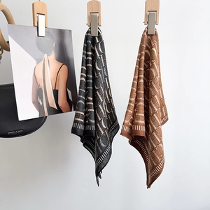 Elegant square silk scarf with CH monogram print in black and brown satin fabric