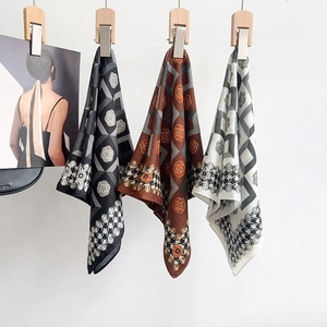 Elegant camellia and houndstooth pattern square silk scarves with pearl print details