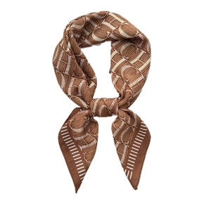 Fashionable brown and beige printed square silk scarf with abstract monogram patterns