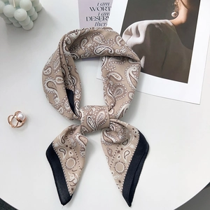 Elegant paisley silk-feel square scarf in khaki with vintage black border and pearl accents
