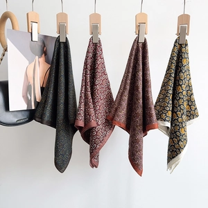 Vintage paisley and floral square scarves in deep green, burgundy, purple, and mustard