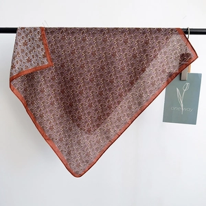 Detailed macro view of paisley pattern scarf with elegant rust red border finish
