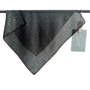 Navy and bronze paisley square scarf with delicate twill texture and branded tag