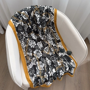 Elegant cotton linen scarf with black and white rose print and mustard yellow border